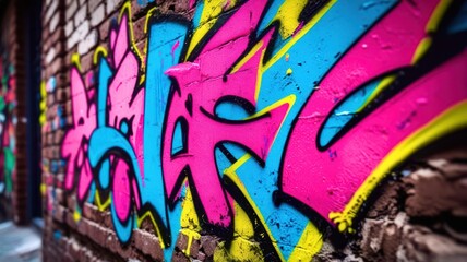 Vibrant Urban Graffiti Art with Dynamic Colors on a Brick Wall