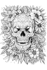 Vector illustration for coloring page. A skull with flowers surrounding it
