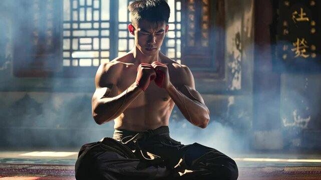 In a serene dojo adorned with traditional decor, a young martial artist engages in meditation, emphasizing focus and inner peace during early morning hours.