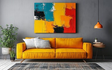 Modern living room interior design with bright yellow sofa and abstract art.