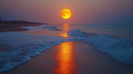 Obraz premium Enthralling Sunset Beachscape with a Giant Orange Moon