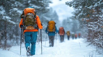 Hikers trek through a snowy winter wonderland, showcasing resilience and the beauty of a challenging outdoor adventure.