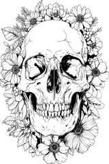 Fototapeta premium Vector illustration for coloring page. A skull with flowers surrounding it