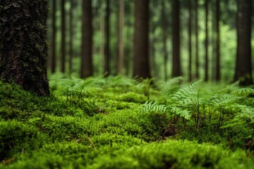 Naklejka premium Lush forest floor. Close-up view of moss and ferns