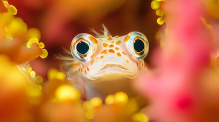 Fototapeta premium Goby Fish Macro Close-Up With Big Eyes Surrounded By Soft Corals. Vibrant Underwater Wildlife Portrait.
