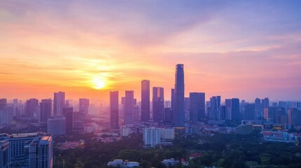 Fototapeta premium A distant view of skyscrapers with a sunset sky in the background.