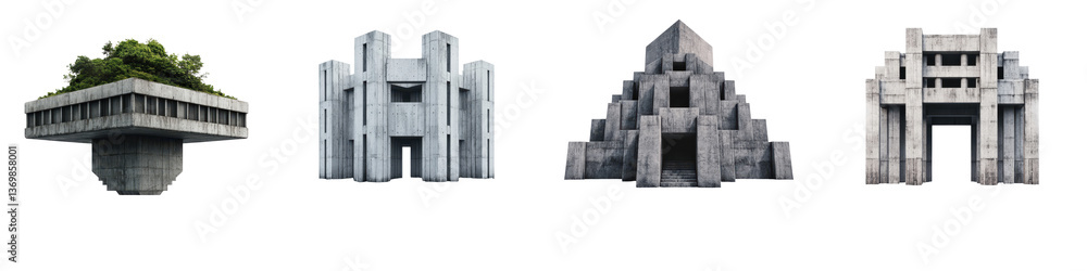 Poster a collection of bold angular and monumental brutalist concrete buildings showcasing the distinctive 