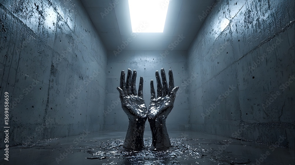 Fototapete A bold fine art image of a pair of hands covered in metallic paint reflecting a single overhead light and creating a striking sculptural effect in a minimalist concrete setting