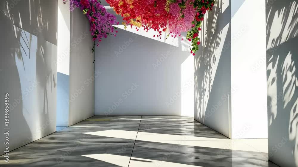 Poster a corridor features vibrant flower arrangements suspended from above, creating a bright and inviting