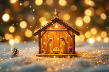 Glowing nativity scene with holy family in wooden stable, snow-covered ground, golden bokeh lights on background, creative Christmas concept. Ai generative