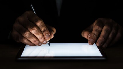 hands of a person signing a digital tablet with a pen, under low light. This image conveys a sense of privacy and importance 