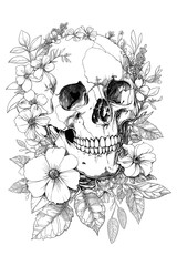 Fototapeta premium Vector illustration for coloring page. A skull with flowers surrounding it