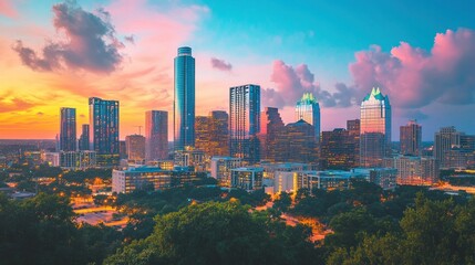 Fototapeta premium A panoramic view of a city skyline at dusk with vibrant colors.