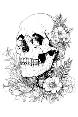 Vector illustration for coloring page. A skull with flowers surrounding it
