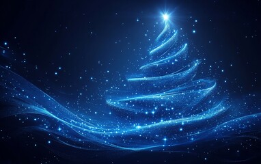 Abstract Christmas tree design, light blue, glowing, digital art, with soft flowing lines, and glittering snowflakes.