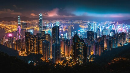 Obraz premium A vibrant city festival with skyscrapers illuminated at night