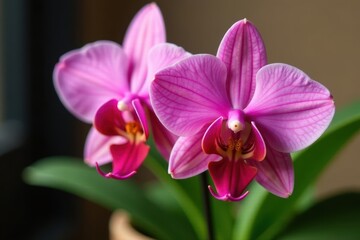 Obraz premium Close-up of Habenaria orchid flowers with vibrant red lips in a pot, habenaria tree orchid, houseplants