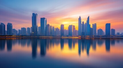 Fototapeta premium A view of skyscrapers reflected in a calm body of water at sunset.