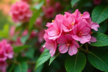 Obraz premium Close-up of vibrant pink flowers of blooming crape myrtle tree surrounded by lush foliage , crepe myrtle flowers, blooming trees