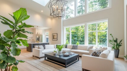 Fototapeta premium Modern living room, large windows, natural light, spacious interior, for interior design inspiration