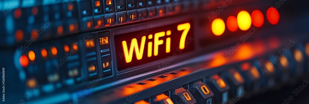 Poster wifi 7 next generation wireless technology illuminated on high tech server background