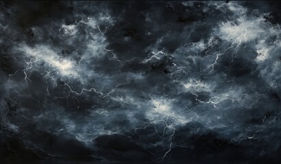 Fototapeta premium A striking black and white photo shows a fierce lightning storm over the ocean