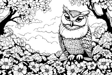 Vector illustration for coloring book. A drawing of a large owl perched on a branch. The image has a peaceful and serene mood, as the owl is surrounded by nature