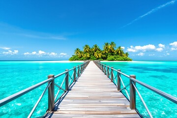Obraz premium Wooden walkway bridge to tropical island with palm trees, creative style, clear turquoise water and blue sky background. Concept of travel escape. Ai generative