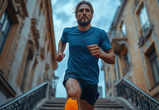 Middle-aged man running up stairs in sportswear with an urban background, captured in high-resolution for a magazine cover, symbolizing fitness, determination, and strength - Powered by Adobe
