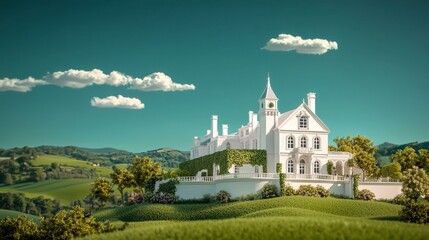 Majestic White Mansion on Rolling Green Hills a Picturesque Countryside Estate