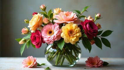 Obraz premium Lush blooms filling a beautiful glass container, flowers bouquet, mixed flowers