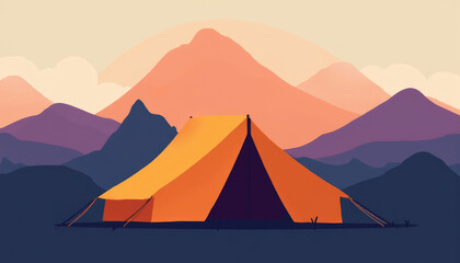 Tent in a colorful mountain landscape at sunset, ideal for camping and adventure concept