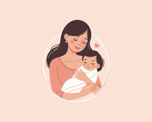 Happy Mother's Day Cartoon Logo. Mother and Baby Vector Illustration Design