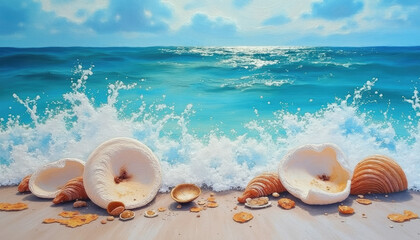 Seashells on the beach with waves crashing, perfect for coastal art and ocean nature concept
