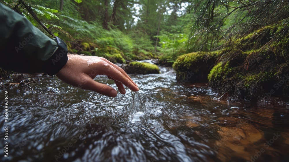 Poster a hand dips into a small stream in a forest scene