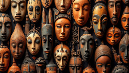 Collection of intricate tribal masks displaying various expressions, perfect for cultural art and heritage concept