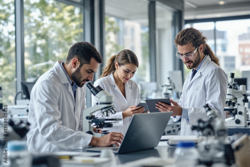 Poster scientists in lab coats using microscopes and digital tablets in a bright, modern laboratory with gr