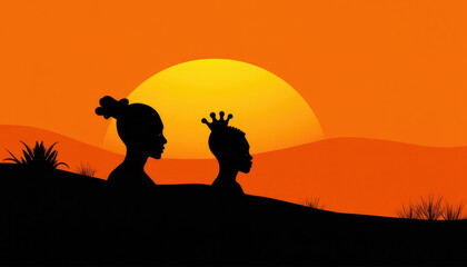 Silhouettes of a woman and a child against a vibrant sunset, perfect for family love and cultural art concept
