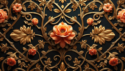Ornate floral relief design featuring roses in gold and orange tones, perfect for decorative art and interior design concept