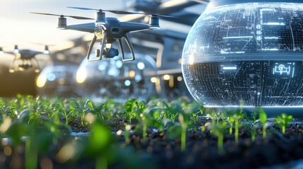 Innovative drone farming technology agricultural field digital imagery futuristic environment close-up view sustainable agriculture