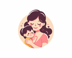 Happy Mother's Day Cartoon Logo. Mother and Baby Vector Illustration Design