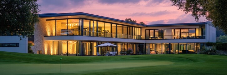 Fototapeta premium A large house with many windows sits on a lush green field