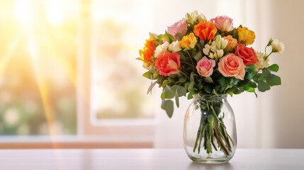 Fototapeta premium Vibrant Rose Bouquet in Glass Vase, Soft Sunlight. Floral, Home decor