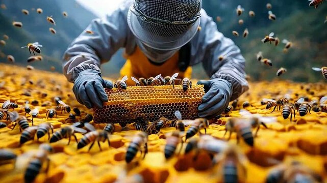 Beekeeper in apiary working with honeycomb and bees, highlighting vital role of nature in honey production and agriculture.
