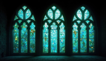 Gothic stained glass windows with blue and turquoise patterns, perfect for architectural beauty and interior design concept