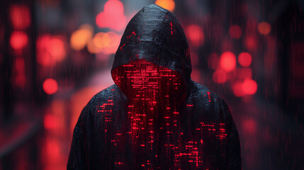 Hooded figure with digital code projection on face in rainy night setting, cybersecurity threat and data breach concept