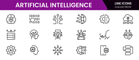 Artificial intelligence set of web icons in line style. AI technology icons for web and mobile apps. Machine learning, digital  smart robotics, cloud computing network Vector illustration