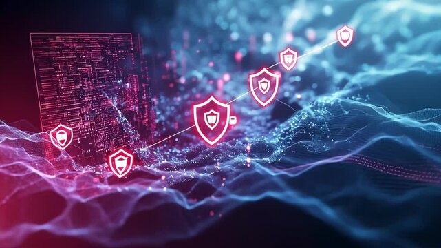 An abstract representation of a digital landscape filled with flowing binary code overlaid with holographic shields and warning icons demonstrating AIs constant vigilance against cyber