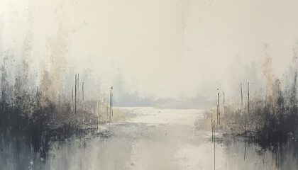 Abstract landscape painting with serene gray and beige tones depicting a foggy water scene