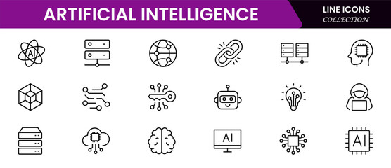 Artificial intelligence set of web icons in line style. AI technology icons for web and mobile apps. Machine learning, digital  smart robotics, cloud computing network Vector illustration